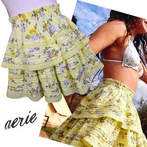 Aerie Ruffle Mini Skirt Floral Yellow Size SMALL NWOT Festival Western Cowgirl